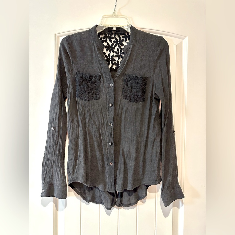 Mine brand women’s button down shirt with sheer flower detailing